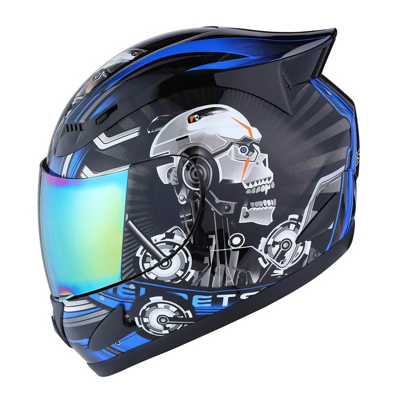 1Storm Motorcycle Bike Full FACE Helmet Mechanic Skull - Tinted Visor Blue - Image 1